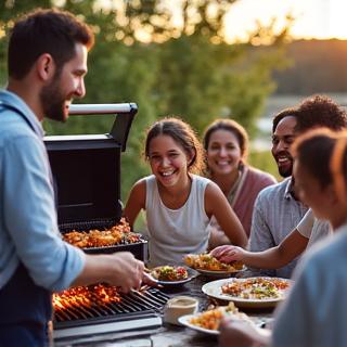 Family and friends gathered around a grill on a patio, laughing and enjoying food, depicting a warm community atmosphere.