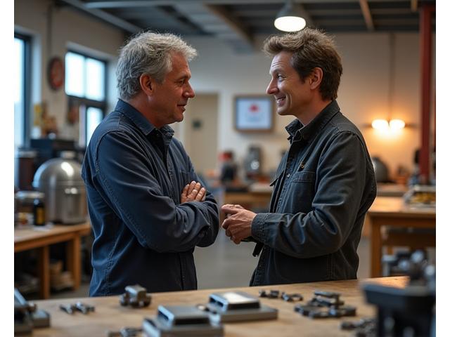 Founders discussing grill designs in a well-lit workshop with Canadian flags in the background.