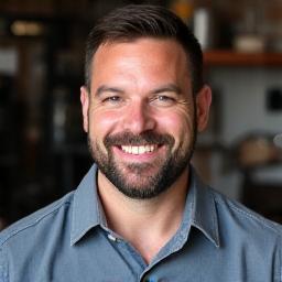 Headshot of Alex, a smiling man with a beard, wearing a casual work shirt.