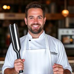 Headshot of Marc, a friendly man with a chef's apron, holding grill tongs.