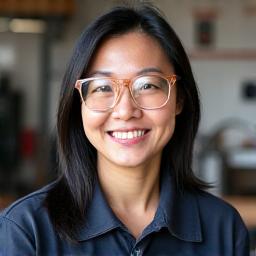 Headshot of Sarah, a woman with warm smile, wearing safety glasses in a workshop setting.