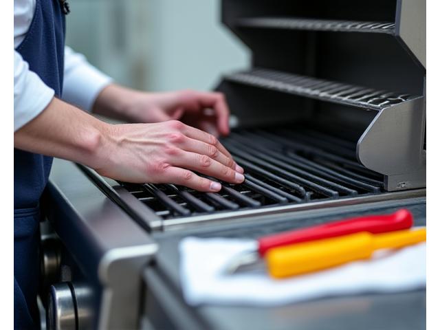 Technician inspecting a grill, tools neatly laid out
